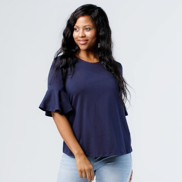Ethically Made Elbow Bell Sleeve Blouse Navy Blue - Picture 5 of 7